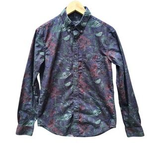 Club Monaco Men's Black Folliage Print Button Down Shirt Slim Fit Long Sleeve XS